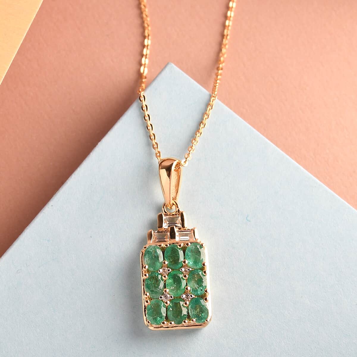 Boyaca Colombian Emerald and Natural White Zircon Cluster Pendant Necklace 20 Inches in Vermeil Yellow Gold Over Sterling Silver 1.75 ctw image number 1