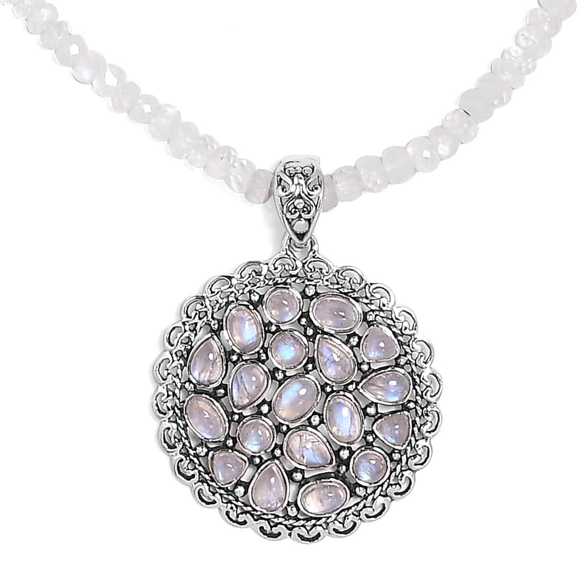 Artisan Crafted Kuisa Rainbow Moonstone Pendant with Beaded Necklace 20 Inches in Platinum Over Sterling Silver 85.40 ctw image number 0