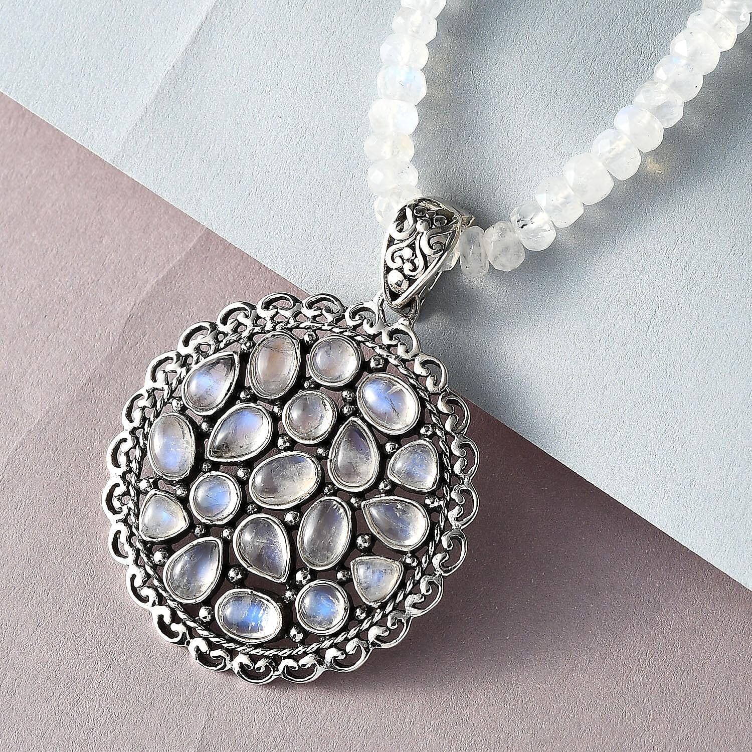 Artisan Crafted Kuisa Rainbow Moonstone Pendant with Beaded Necklace 20 Inches in Platinum Over Sterling Silver 85.40 ctw