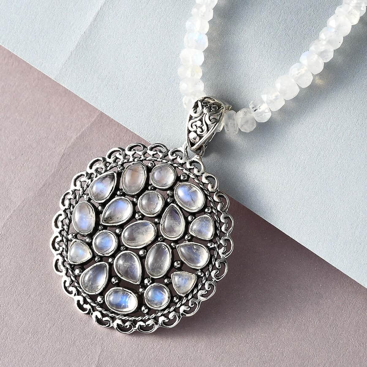 Artisan Crafted Kuisa Rainbow Moonstone Pendant with Beaded Necklace 20 Inches in Platinum Over Sterling Silver 85.40 ctw image number 1