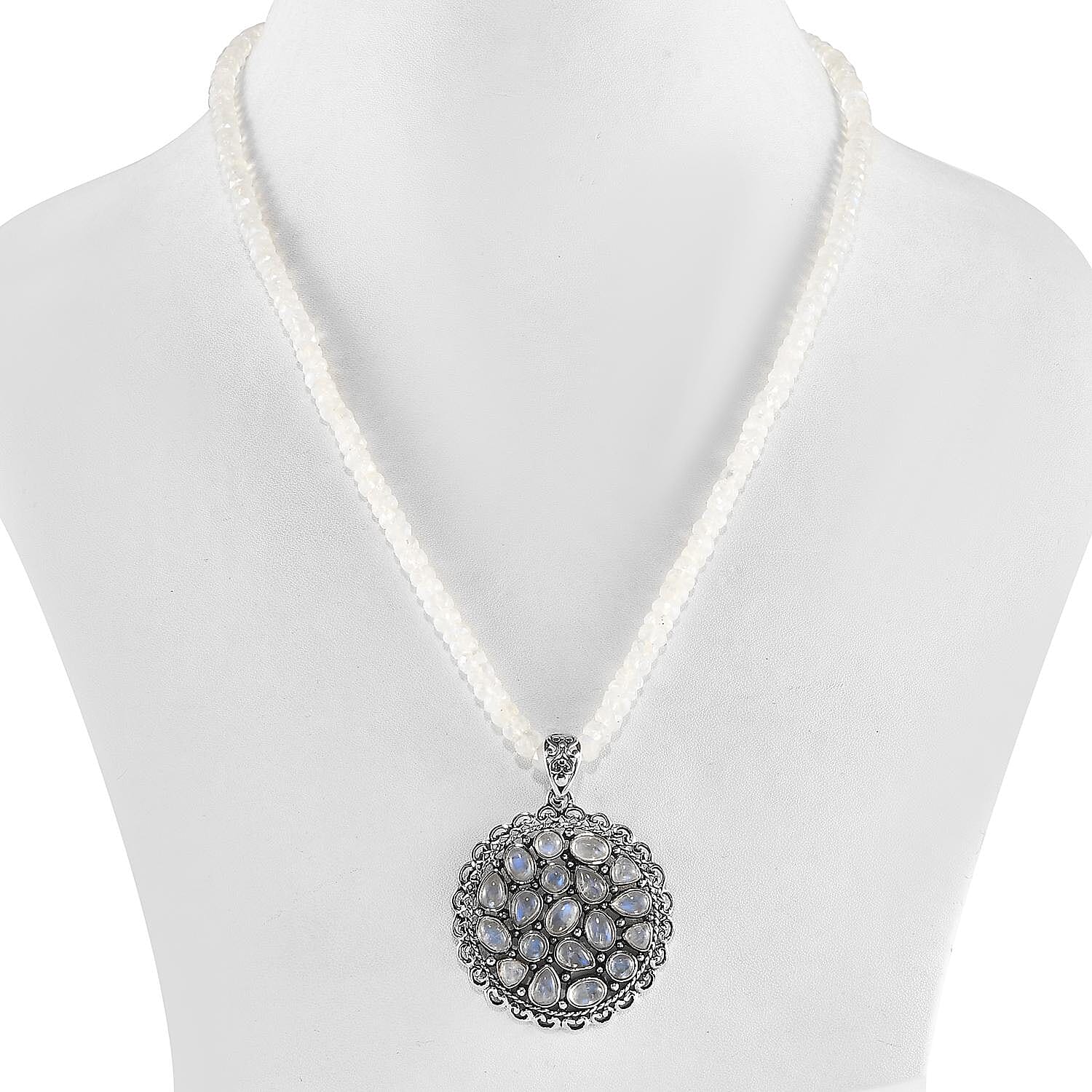 Artisan Crafted Kuisa Rainbow Moonstone Pendant with Beaded Necklace 20 Inches in Platinum Over Sterling Silver 85.40 ctw