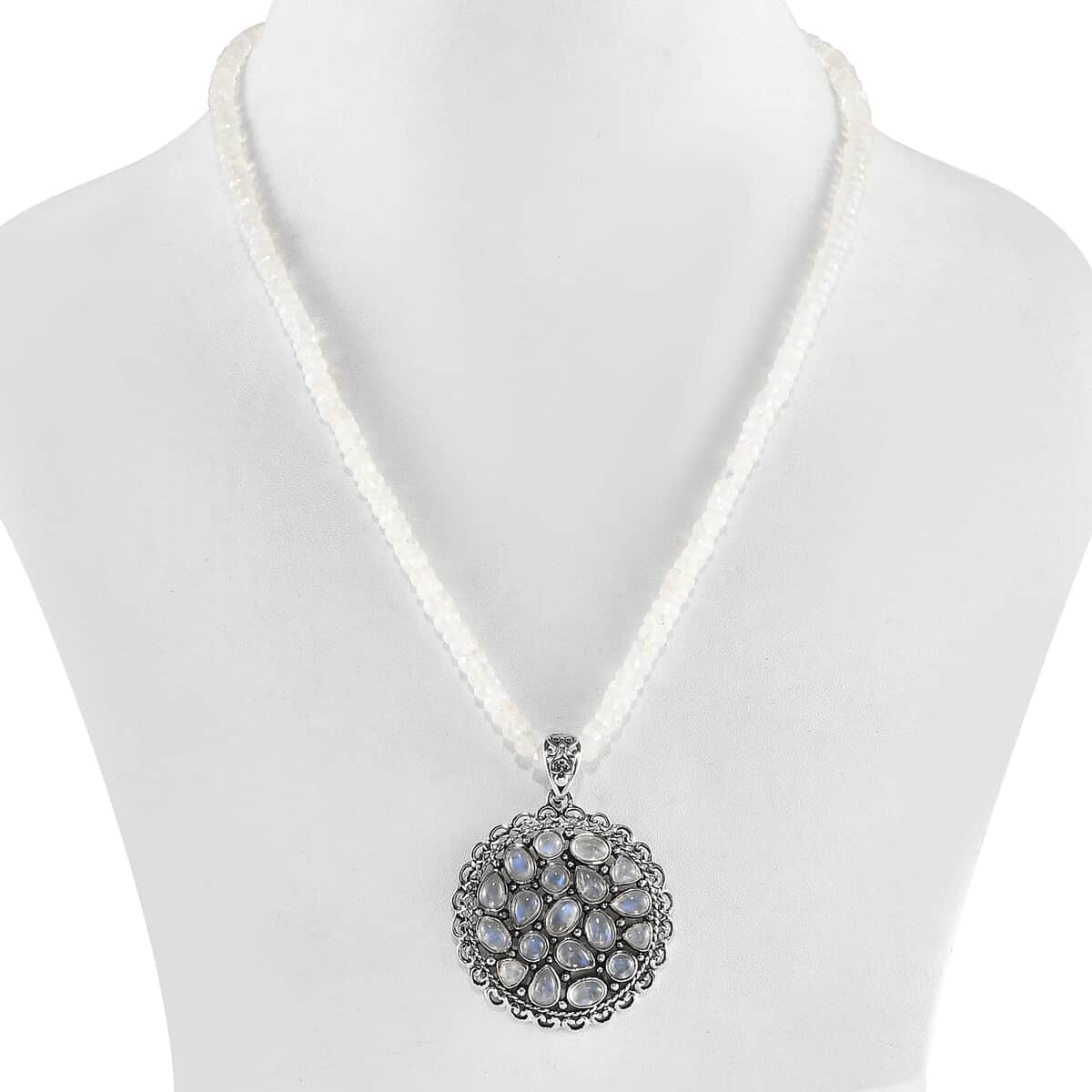 Artisan Crafted Kuisa Rainbow Moonstone Pendant with Beaded Necklace 20 Inches in Platinum Over Sterling Silver 85.40 ctw image number 2