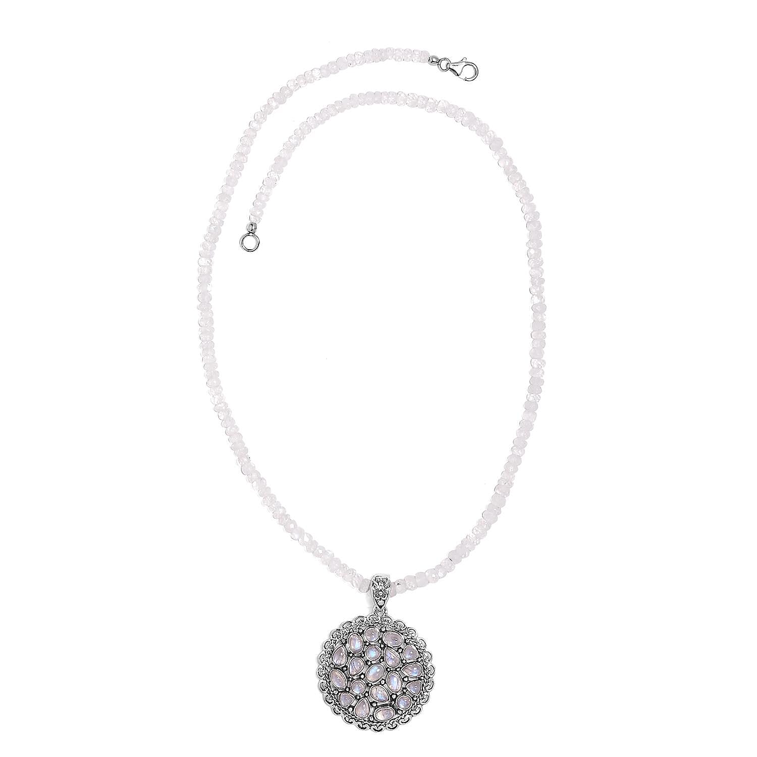Artisan Crafted Kuisa Rainbow Moonstone Pendant with Beaded Necklace 20 Inches in Platinum Over Sterling Silver 85.40 ctw