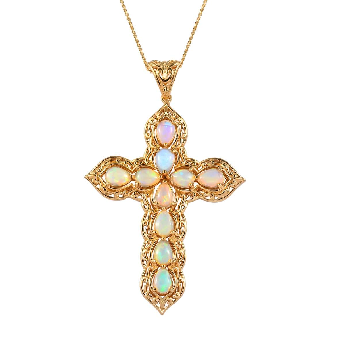 Premium Ethiopian Welo Opal Cross Pendant Necklace in Vermeil Yellow Gold Over Sterling Silver (20 Inches) 4.85 ctw image number 0