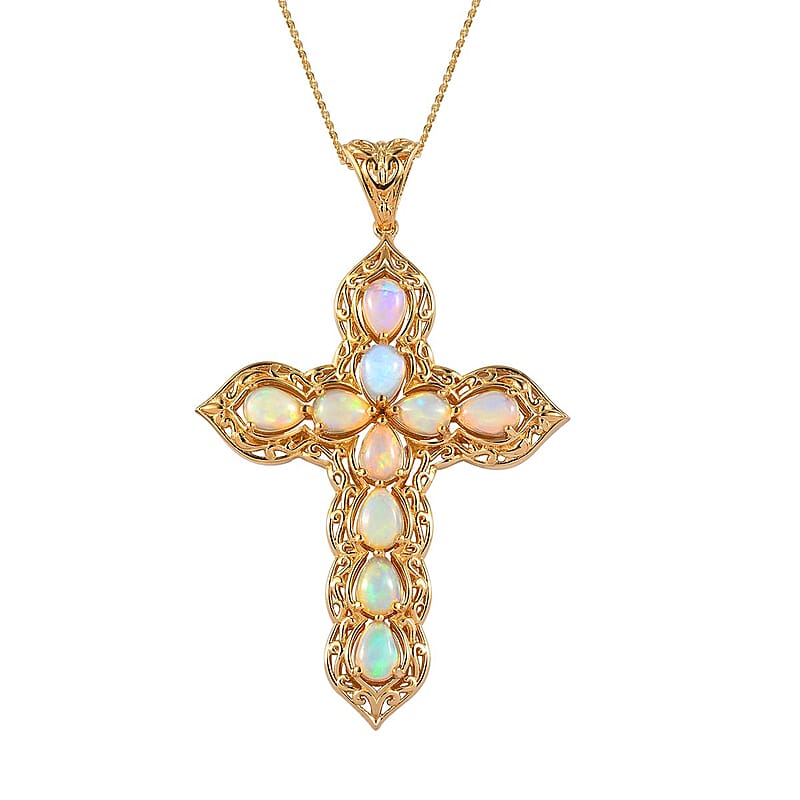 Premium Ethiopian Welo Opal Cross Pendant Necklace in Vermeil Yellow Gold Over Sterling Silver (20 Inches) 4.85 ctw