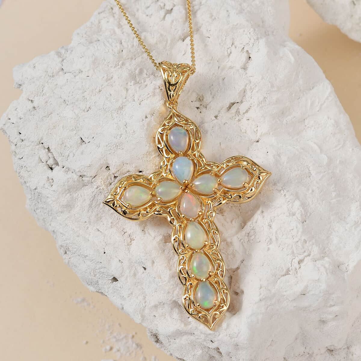 Premium Ethiopian Welo Opal Cross Pendant Necklace in Vermeil Yellow Gold Over Sterling Silver (20 Inches) 4.85 ctw image number 1