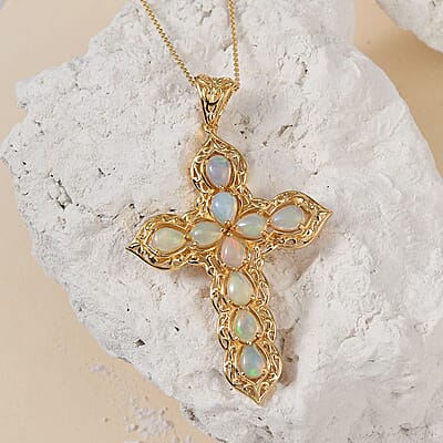 Premium Ethiopian Welo Opal Cross Pendant Necklace in Vermeil Yellow Gold Over Sterling Silver (20 Inches) 4.85 ctw