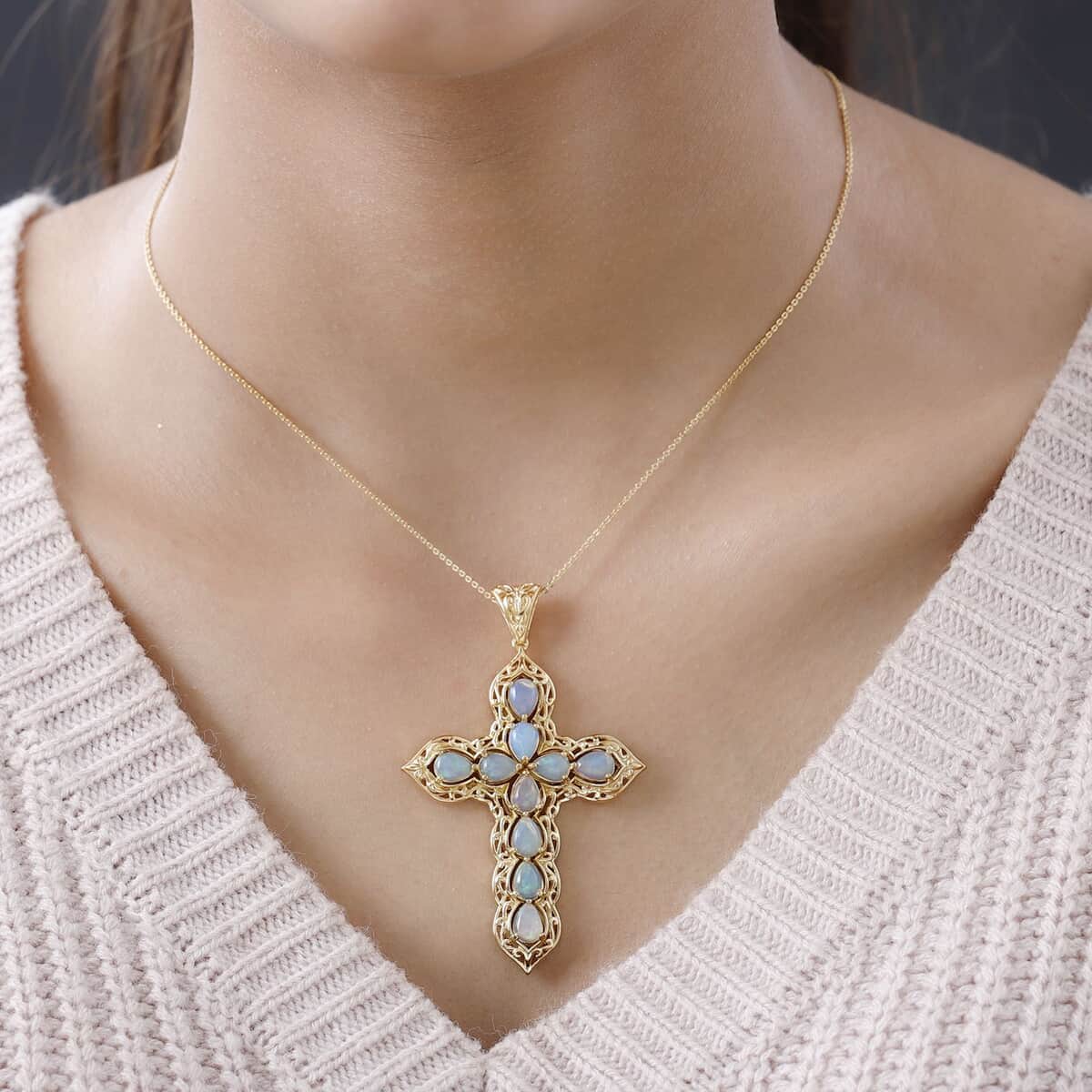 Premium Ethiopian Welo Opal Cross Pendant Necklace in Vermeil Yellow Gold Over Sterling Silver (20 Inches) 4.85 ctw image number 2