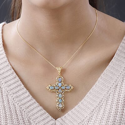 Premium Ethiopian Welo Opal Cross Pendant Necklace in Vermeil Yellow Gold Over Sterling Silver (20 Inches) 4.85 ctw