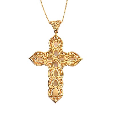 Premium Ethiopian Welo Opal Cross Pendant Necklace in Vermeil Yellow Gold Over Sterling Silver (20 Inches) 4.85 ctw