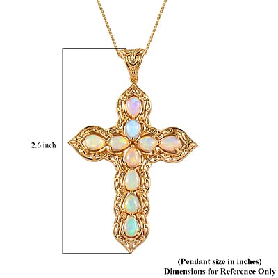 Premium Ethiopian Welo Opal Cross Pendant Necklace in Vermeil Yellow Gold Over Sterling Silver (20 Inches) 4.85 ctw