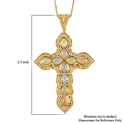 Premium Ethiopian Welo Opal Cross Pendant Necklace in Vermeil Yellow Gold Over Sterling Silver (20 Inches) 4.85 ctw