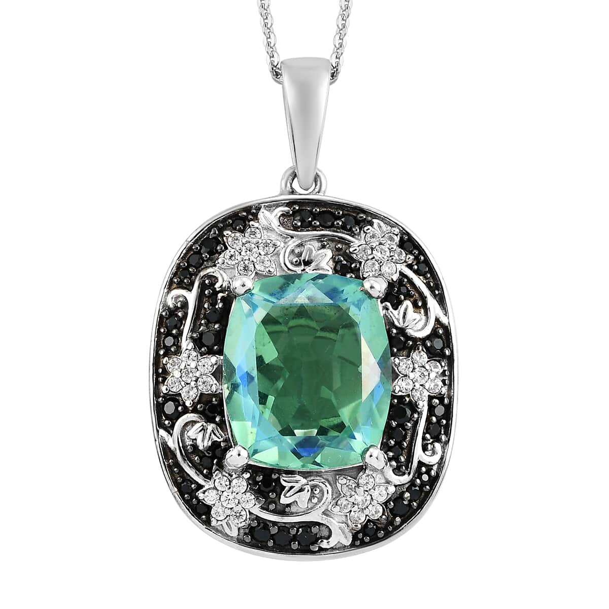 Peacock Quartz (Triplet) and Multi Gemstone Floral Pendant Necklace 20 Inches in Platinum Over Sterling Silver 9.35 ctw image number 0
