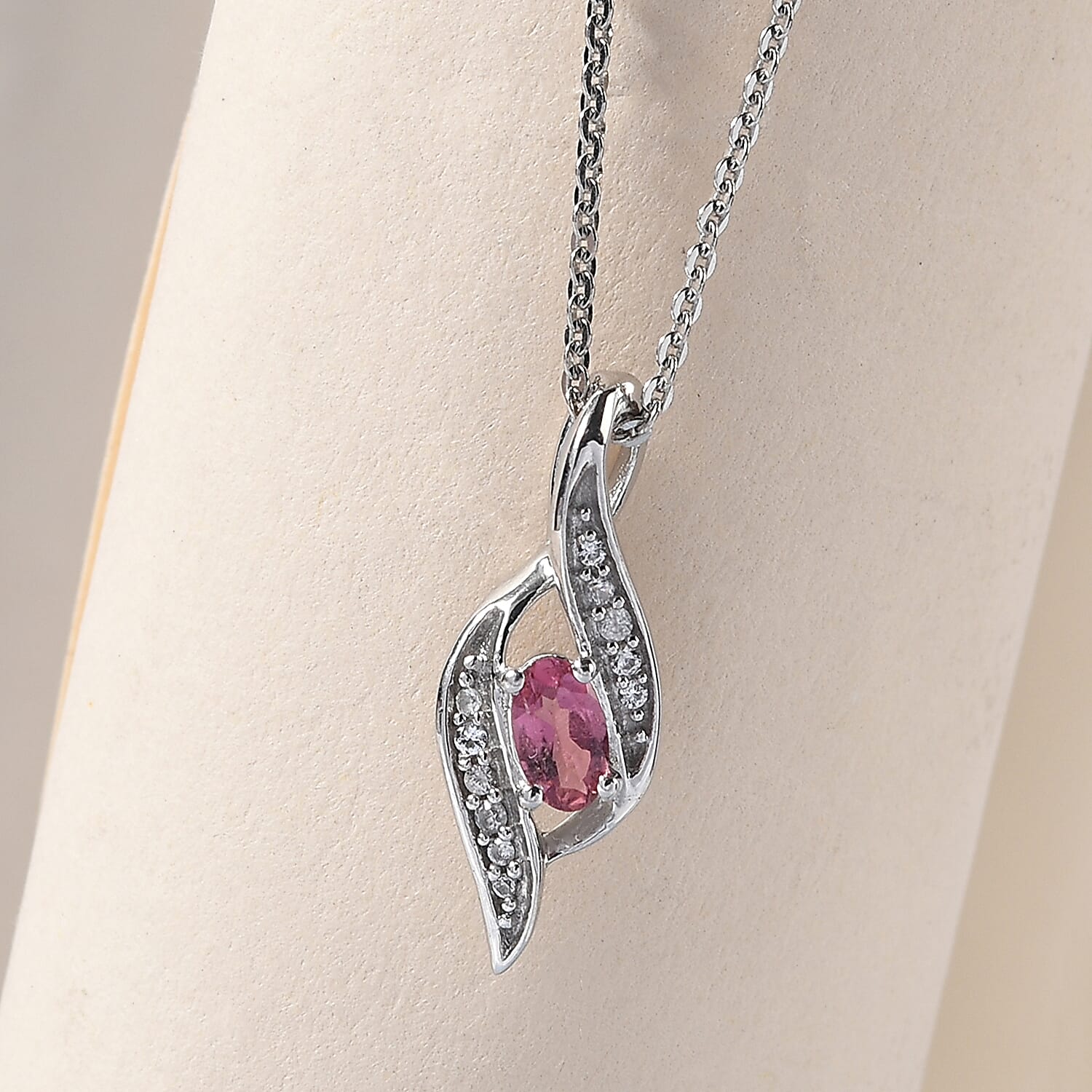 Ouro Fino Rubellite and White Zircon Pendant Necklace 20 Inches in Platinum Over Sterling Silver 0.30 ctw