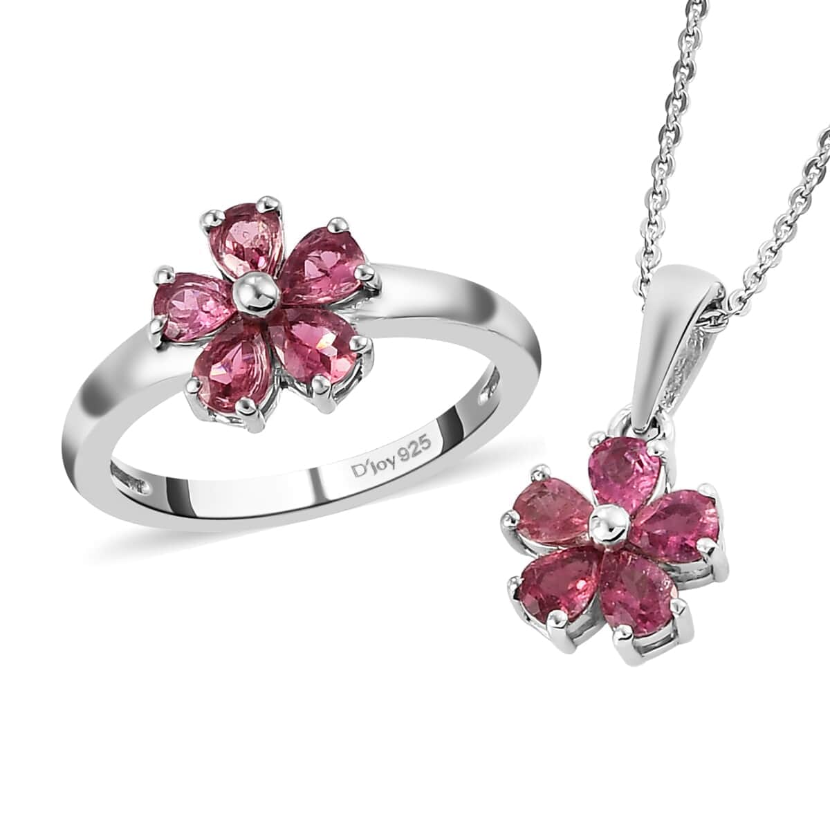 Ouro Fino Rubellite Floral Ring (Size 6.0) and Pendant Necklace 20 Inches in Platinum Over Sterling Silver 1.35 ctw image number 0