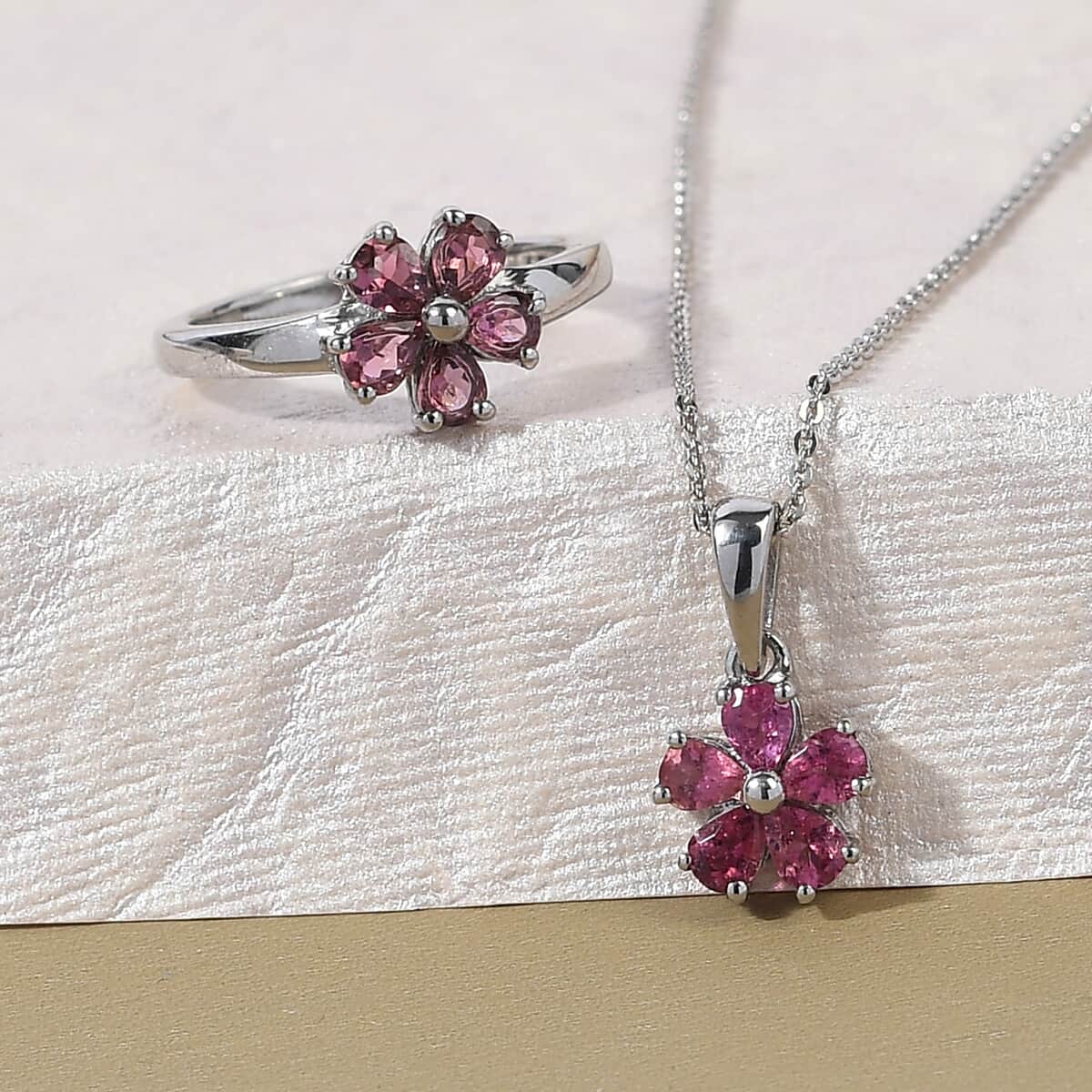 Ouro Fino Rubellite Floral Ring (Size 6.0) and Pendant Necklace 20 Inches in Platinum Over Sterling Silver 1.35 ctw image number 1