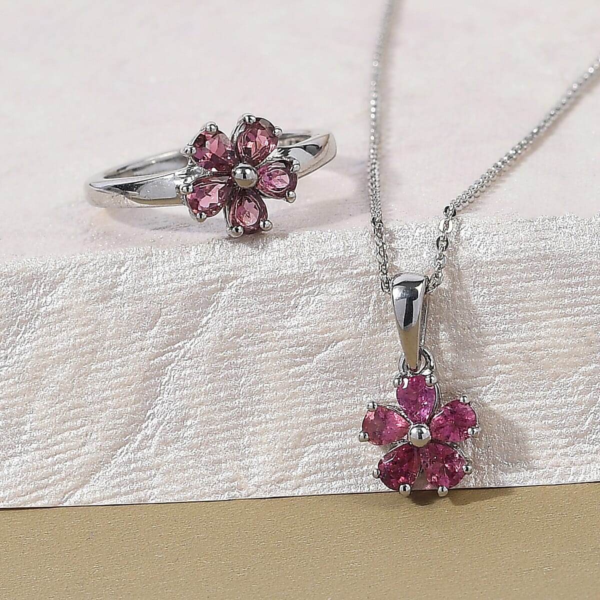Ouro Fino Rubellite Floral Ring (Size 9.0) and Pendant Necklace 20 Inches in Platinum Over Sterling Silver 1.35 ctw image number 1