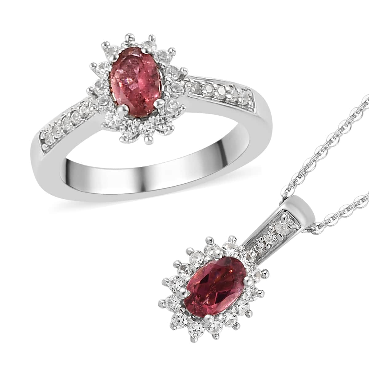 Ouro Fino Rubellite and Natural White Zircon Sunburst Ring (Size 5.0) and Pendant Necklace 20 Inches in Platinum Over Sterling Silver 1.40 ctw image number 0