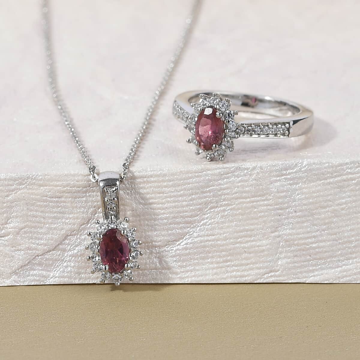 Ouro Fino Rubellite and Natural White Zircon Sunburst Ring (Size 5.0) and Pendant Necklace 20 Inches in Platinum Over Sterling Silver 1.40 ctw image number 1