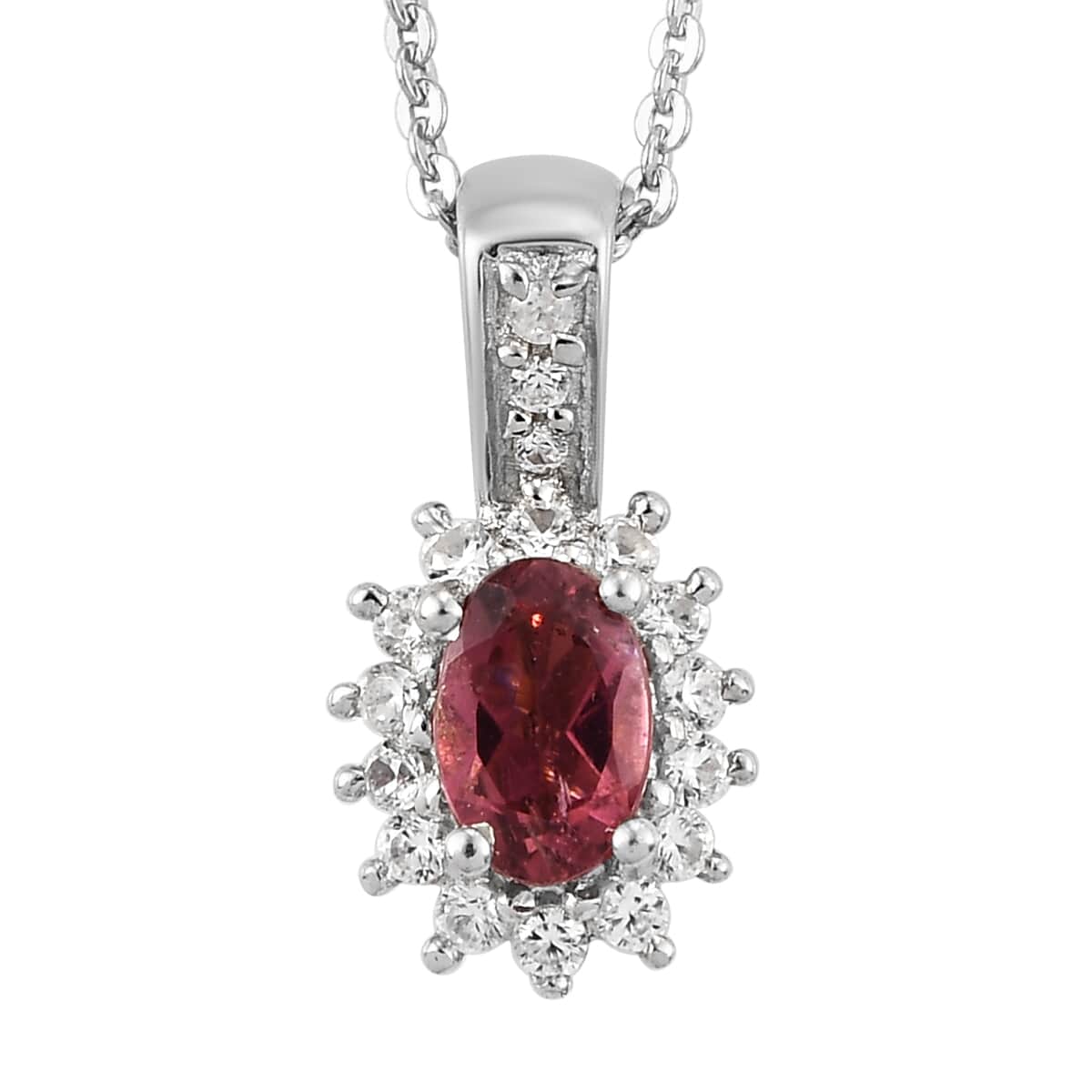 Ouro Fino Rubellite and Natural White Zircon Sunburst Ring (Size 5.0) and Pendant Necklace 20 Inches in Platinum Over Sterling Silver 1.40 ctw image number 4