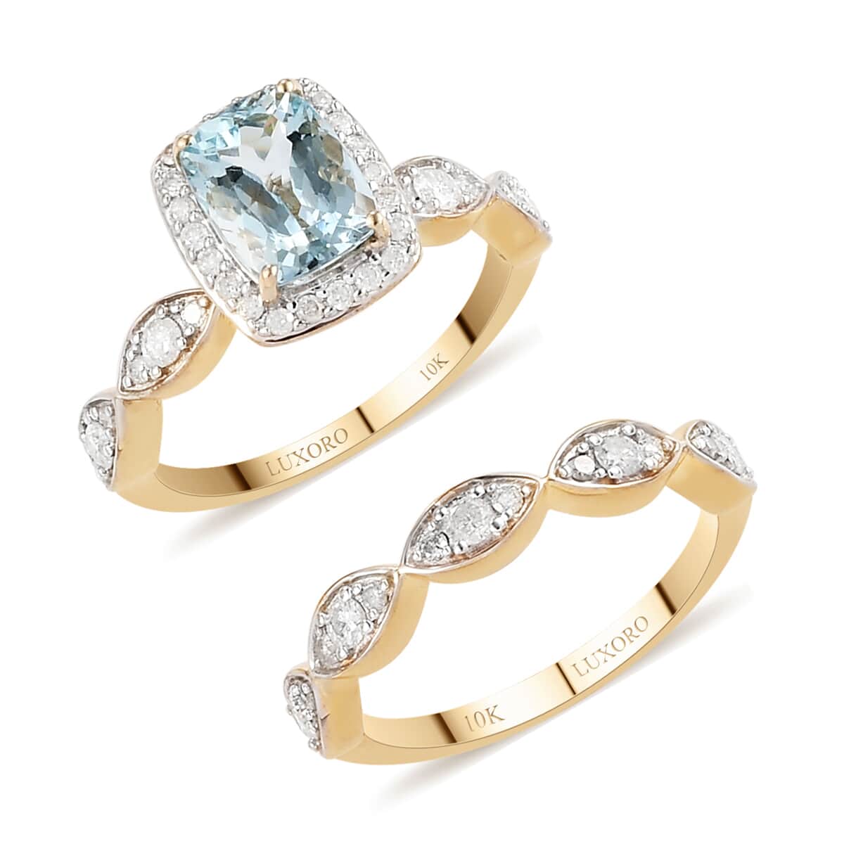 LUXORO 10K Yellow Gold Espirito Santo Aquamarine and G-H I3 Diamond Set of 2 Ring (Size 7.0) 4.45 Grams 1.85 ctw image number 0