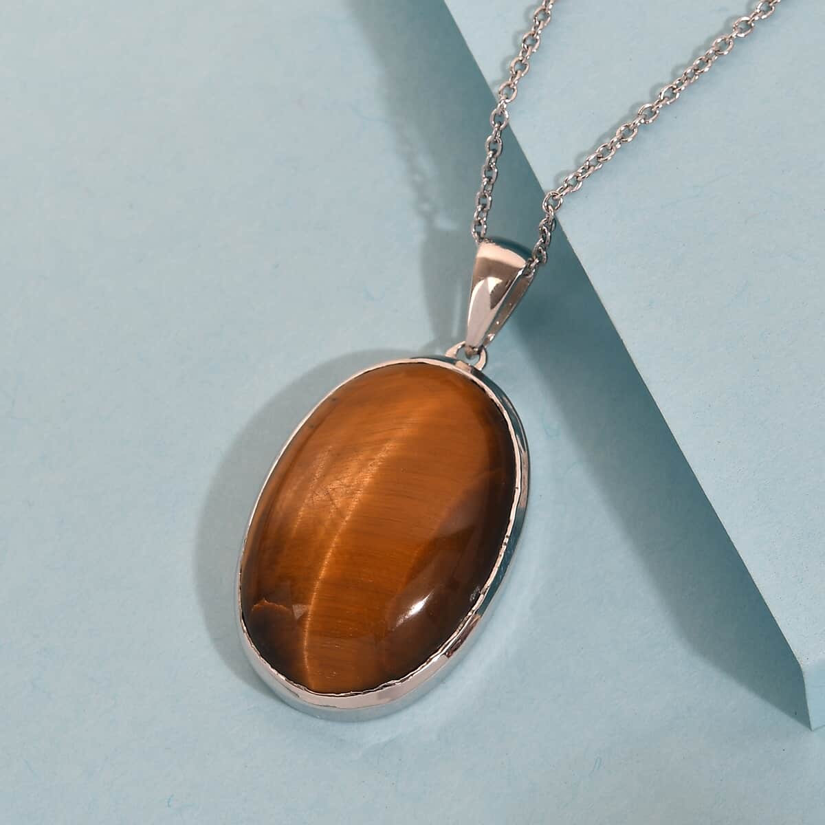 Tigers Eye Pendant Necklace (24 Inches) in 14K YG & Platinum Over Copper with Magnet and Stainless Steel 29.60 ctw , Tarnish-Free, Waterproof, Sweat Proof Jewelry image number 1