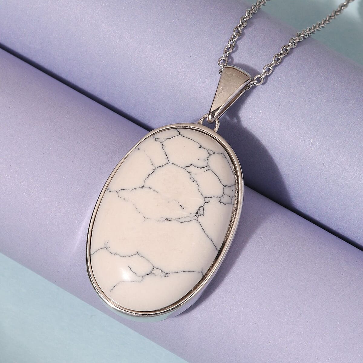 White Howlite (Ovl 30x20 mm) Pendant Necklace (24 Inches) in 14K YG and Platinum Over Copper with Magnet and Stainless Steel 28.50 ctw , Tarnish-Free, Waterproof, Sweat Proof Jewelry image number 1