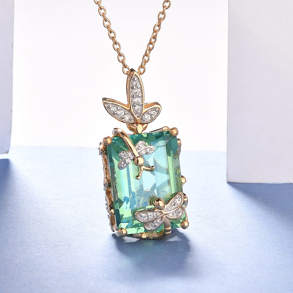 GP Italian Garden Collection Peacock Quartz and Multi Gemstone Dragonfly Pendant Necklace 20 Inches in Vermeil YG Sterling Silver 9.30 Grams 16.00 ctw image number 1