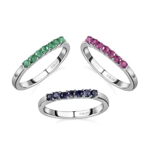 Set of 3 Rings, Niassa Ruby Ring, Tanzanite Ring, Kagem Zambian Emerald Ring, Set of 3 Rings in Stainless Steel, 7 Stone Wedding Band Rings For Women, Gifts For Her 1.00 ctw