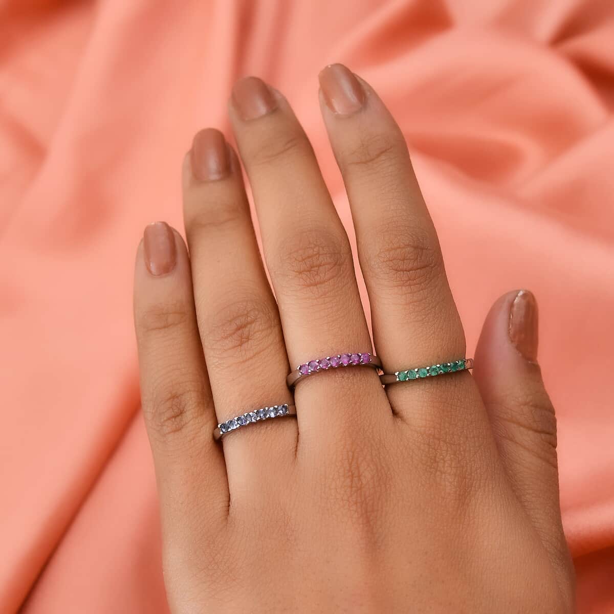 Set of 3 Rings, Niassa Ruby Ring, Tanzanite Ring, Kagem Zambian Emerald Ring, Set of 3 Rings in Stainless Steel, 7 Stone Wedding Band Rings For Women, Gifts For Her 1.00 ctw image number 2