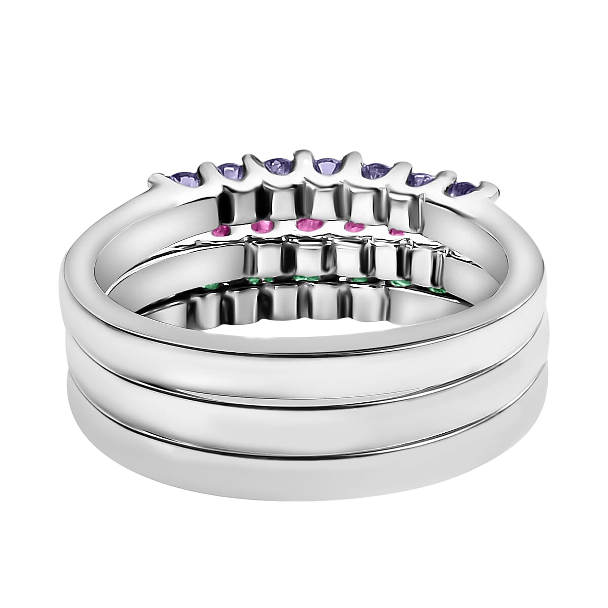 Set of 3 Niassa Ruby, Tanzanite and Kagem Zambian Emerald 1.00 ctw Ring, Set of 3 Rings in Stainless Steel, 7 Stone Wedding Band Rings For Women, Gifts For Her (Size 5.00)