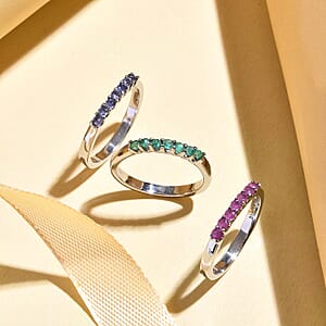 Set of 3 Rings, Niassa Ruby Ring, Tanzanite Ring, Kagem Zambian Emerald Ring, Set of 3 Rings in Stainless Steel, 7 Stone Wedding Band Rings For Women, Gifts For Her 1.00 ctw