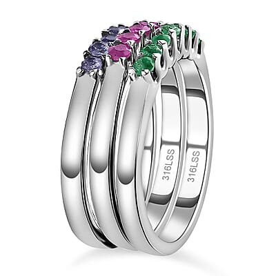 Set of 3 Rings, Niassa Ruby Ring, Tanzanite Ring, Kagem Zambian Emerald Ring, Set of 3 Rings in Stainless Steel, 7 Stone Wedding Band Rings For Women, Gifts For Her 1.00 ctw