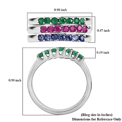 Set of 3 Rings, Niassa Ruby Ring, Tanzanite Ring, Kagem Zambian Emerald Ring, Set of 3 Rings in Stainless Steel, 7 Stone Wedding Band Rings For Women, Gifts For Her 1.00 ctw