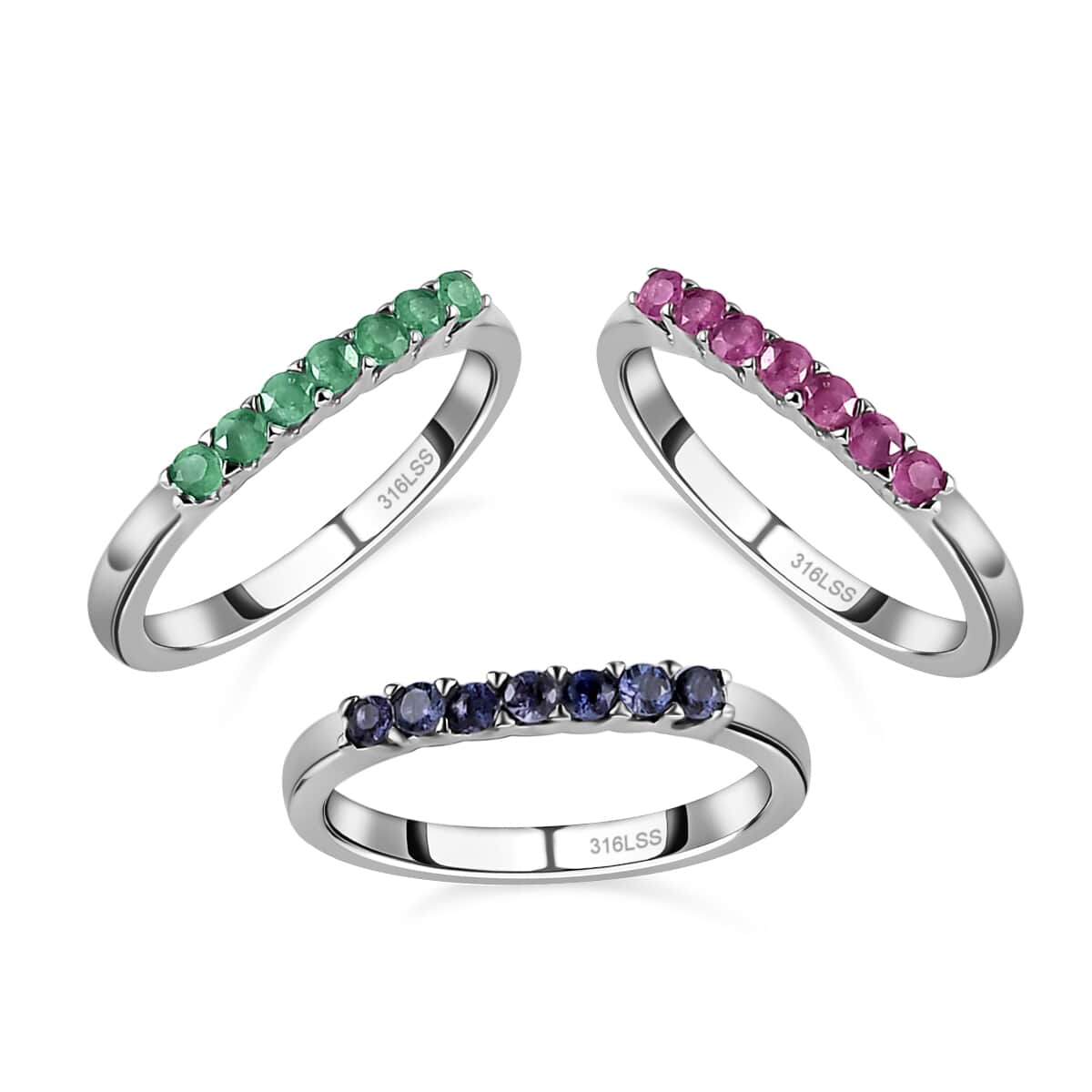 Set Of 3 Stackable Rings in Stainless Steel, Tanzanite Band Ring, Niassa Ruby (FF) Band Ring , Kagem Zambian Emerald Band RIng 1.00 ctw image number 0