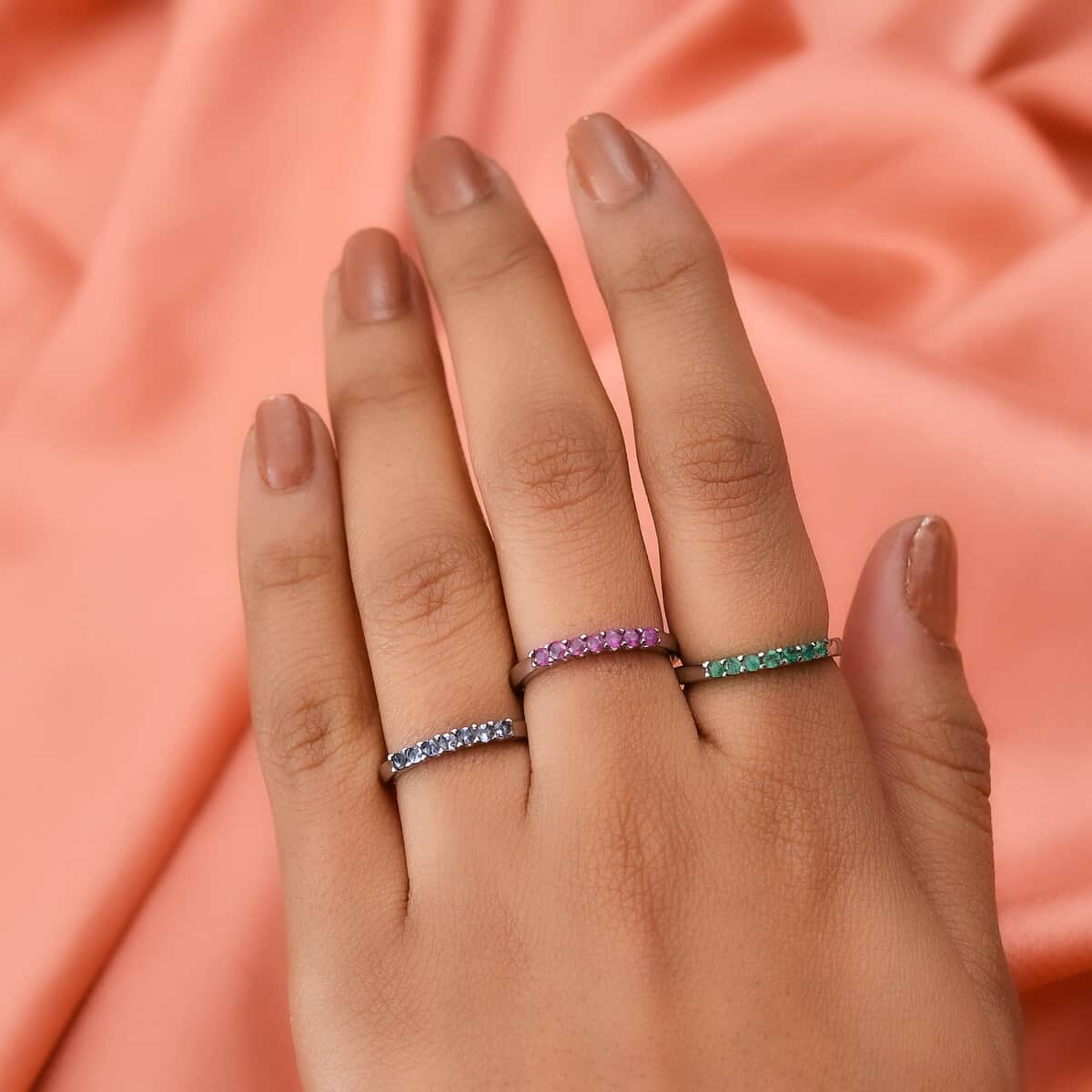 Set Of 3 Stackable Rings in Stainless Steel, Tanzanite Band Ring, Niassa Ruby (FF) Band Ring , Kagem Zambian Emerald Band RIng 1.00 ctw image number 2