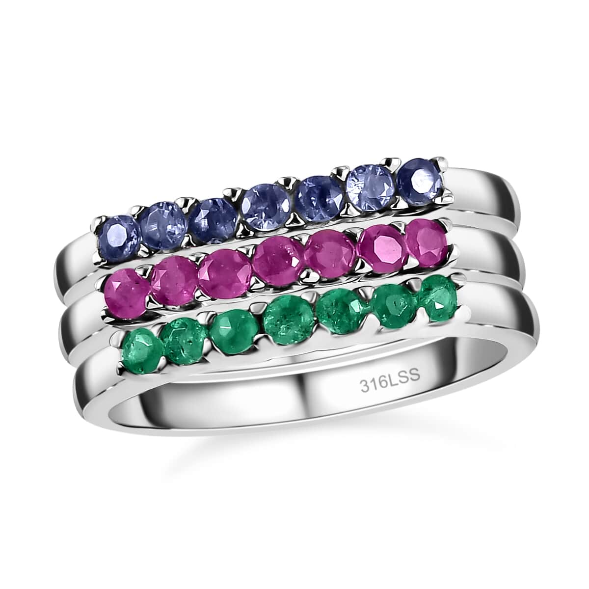 Set Of 3 Stackable Rings in Stainless Steel, Tanzanite Band Ring, Niassa Ruby (FF) Band Ring , Kagem Zambian Emerald Band RIng 1.00 ctw image number 3