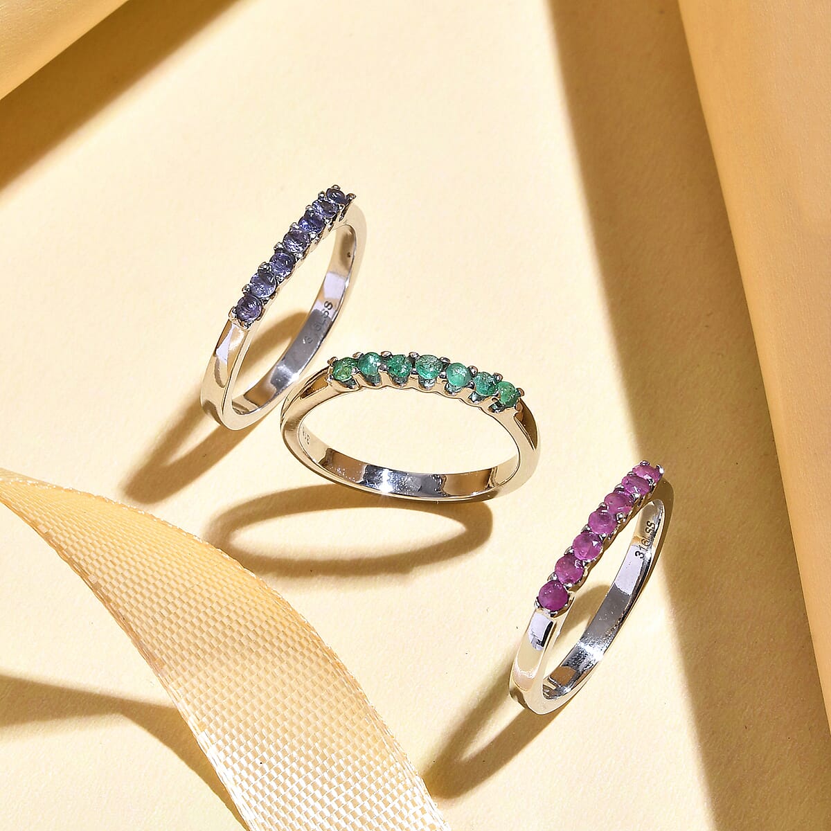 Set of 3 Rings, Niassa Ruby Ring, Tanzanite Ring, Kagem Zambian Emerald Ring, Set of 3 Rings in Stainless Steel, 7 Stone Wedding Band Rings For Women, Gifts For Her 1.00 ctw image number 1