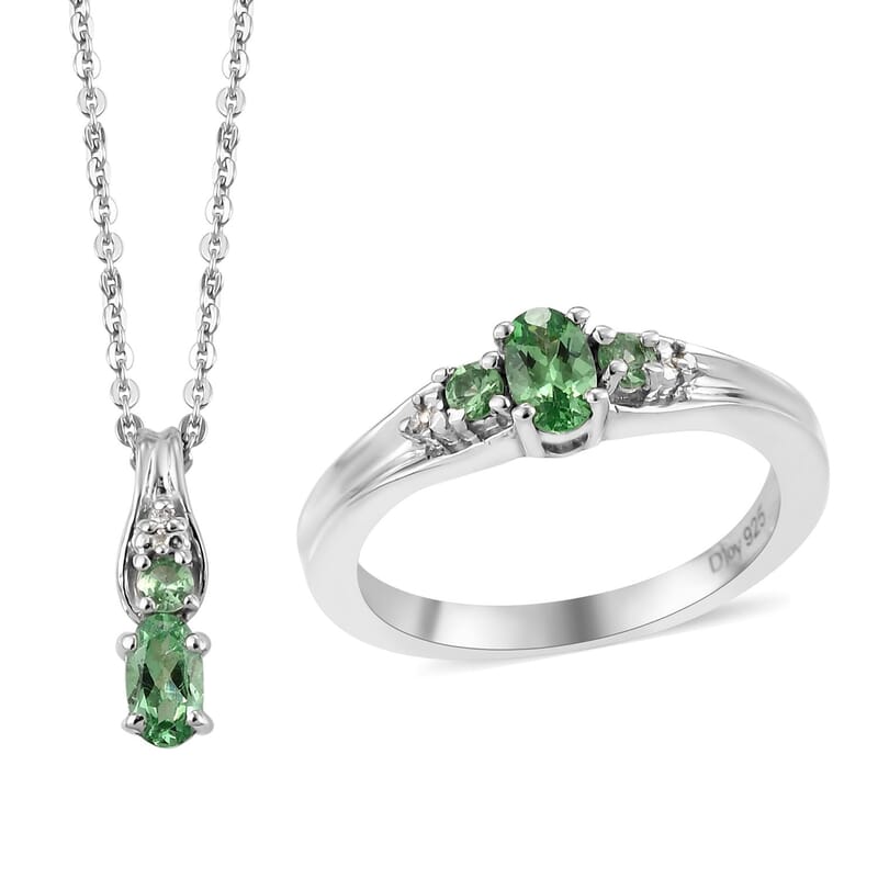 Natural Tsavorite Garnet and Diamond Accent Ring (Size 9.0) and Pendant Necklace 20 Inches in Platinum Over Sterling Silver 0.60 ctw