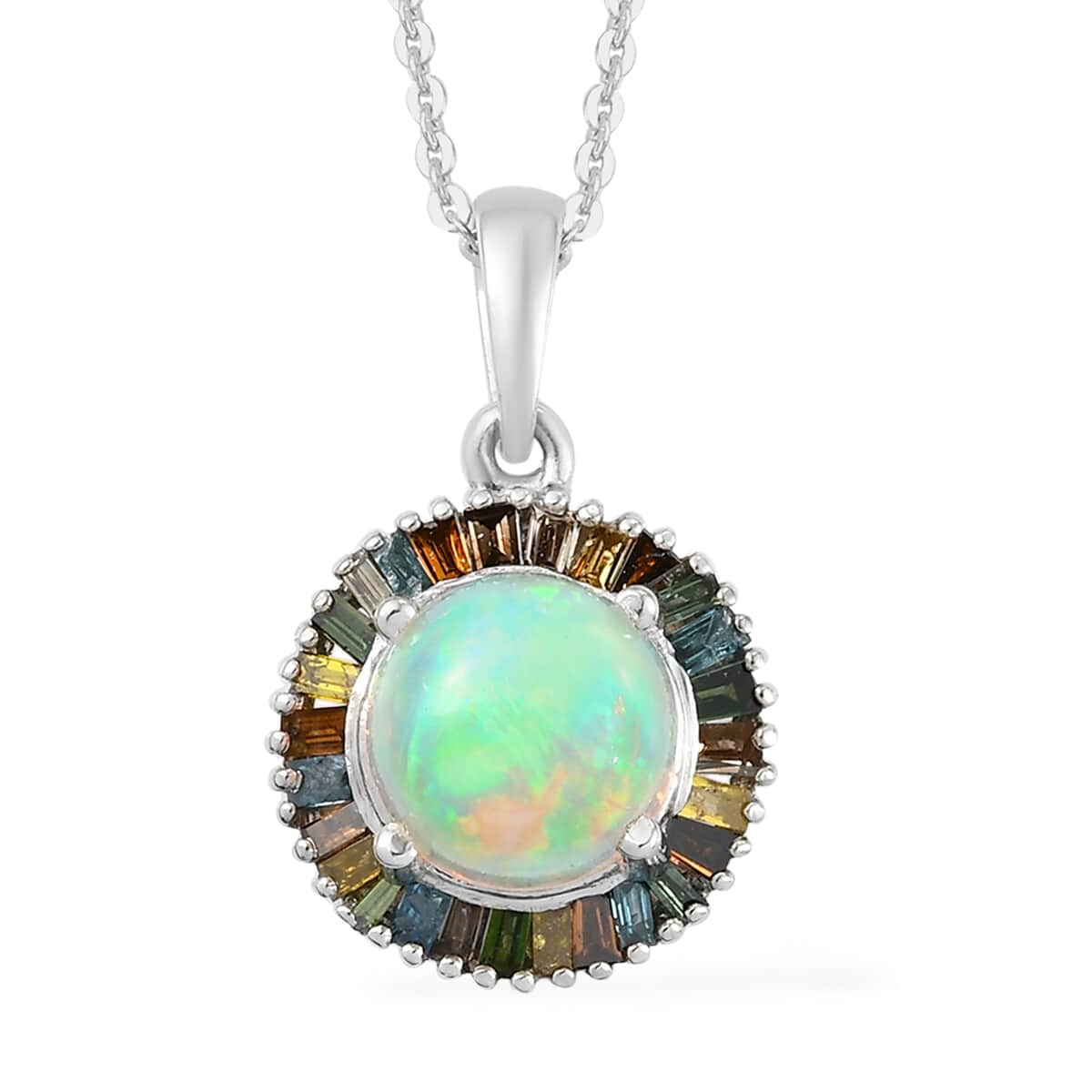 Ethiopian Welo Opal and Multi Diamond Halo Pendant Necklace 18 Inches in Platinum Over Sterling Silver 1.65 ctw image number 0