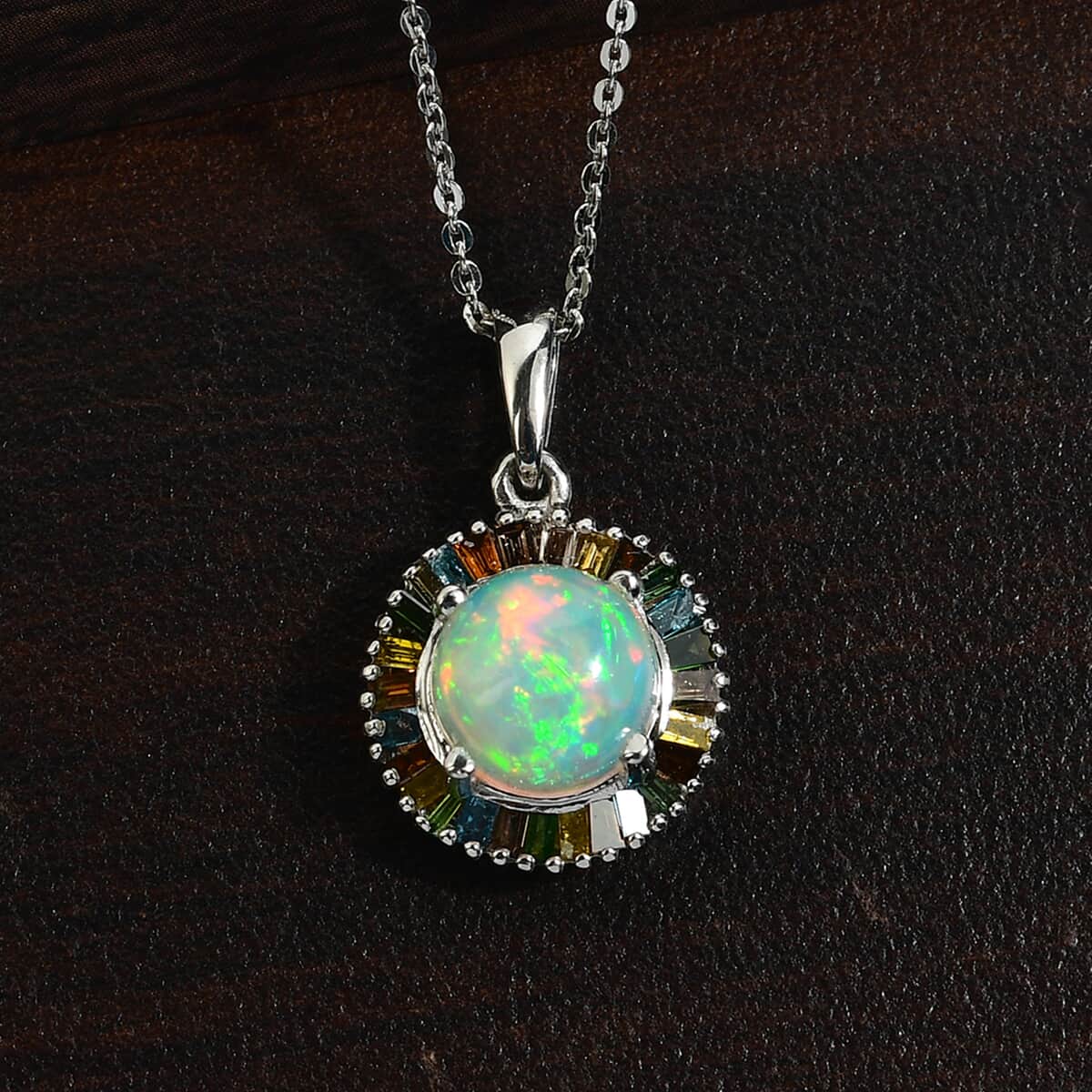 Ethiopian Welo Opal and Multi Diamond Halo Pendant Necklace 18 Inches in Platinum Over Sterling Silver 1.65 ctw image number 1