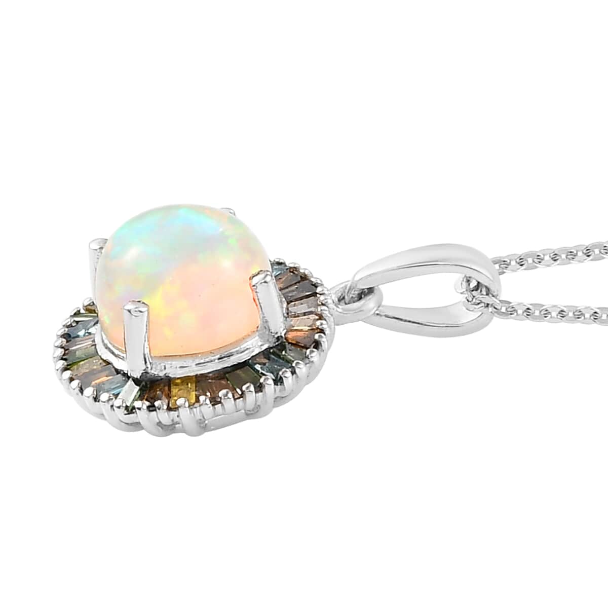 Ethiopian Welo Opal and Multi Diamond Halo Pendant Necklace 18 Inches in Platinum Over Sterling Silver 1.65 ctw image number 3