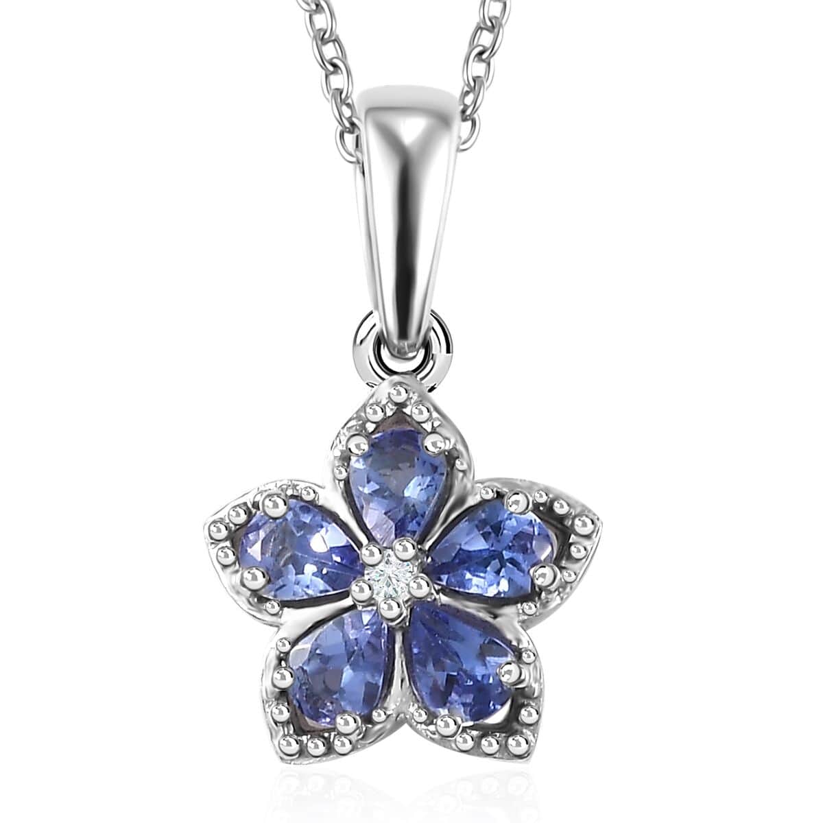 AAA Tanzanite and Natural White Zircon Floral Pendant Necklace 20 Inches in Platinum Over Sterling Silver 0.85 ctw image number 0