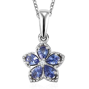 AAA Tanzanite and Natural White Zircon Floral Pendant Necklace 20 Inches in Platinum Over Sterling Silver 0.85 ctw