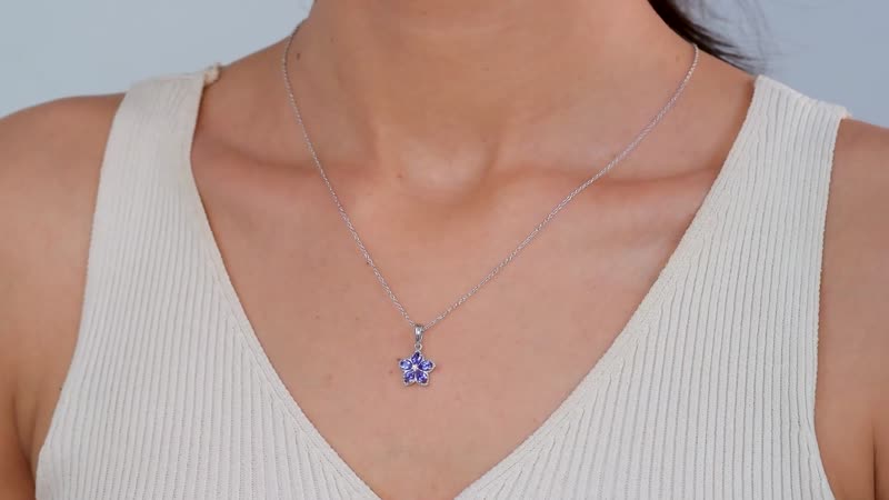 AAA Tanzanite and Natural White Zircon Floral Pendant Necklace 20 Inches in Platinum Over Sterling Silver 0.85 ctw