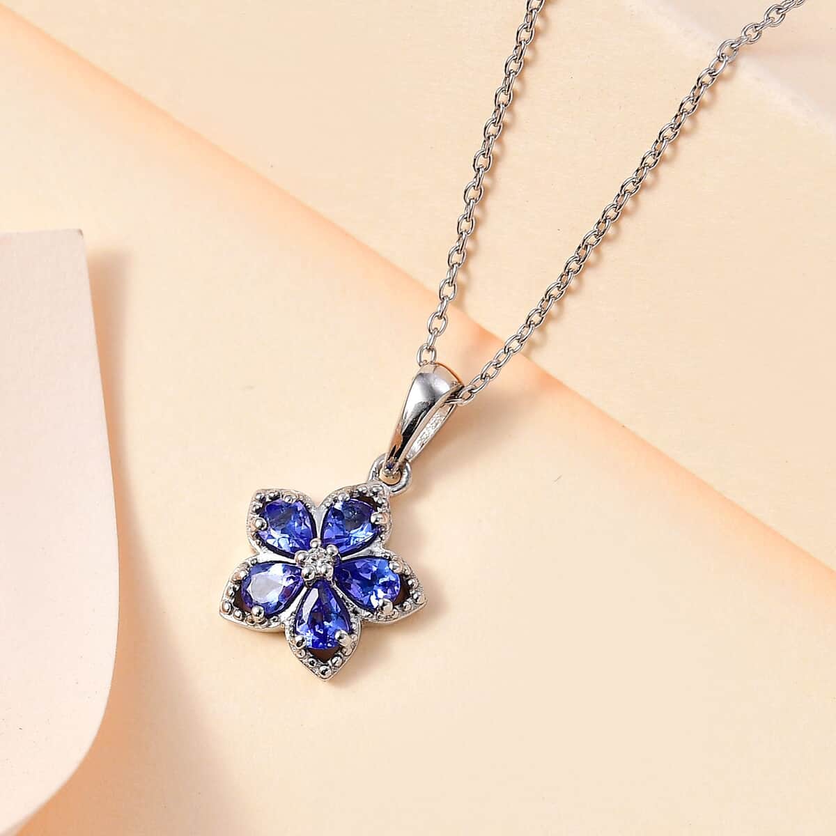 AAA Tanzanite and Natural White Zircon Floral Pendant Necklace 20 Inches in Platinum Over Sterling Silver 0.85 ctw image number 1