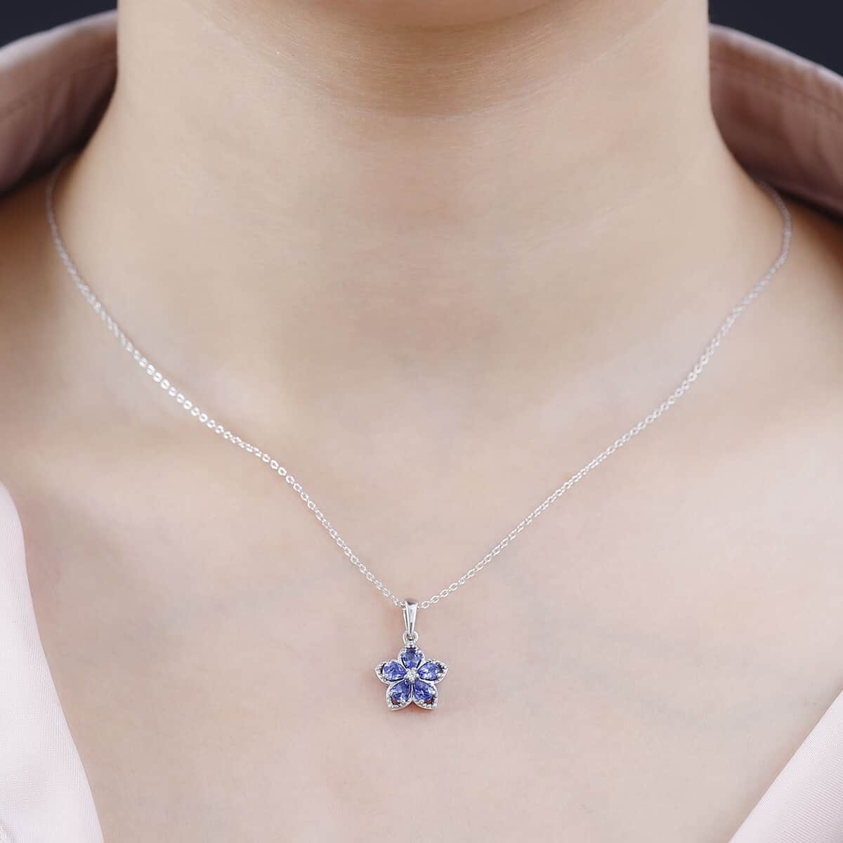 AAA Tanzanite and Natural White Zircon Floral Pendant Necklace 20 Inches in Platinum Over Sterling Silver 0.85 ctw image number 2