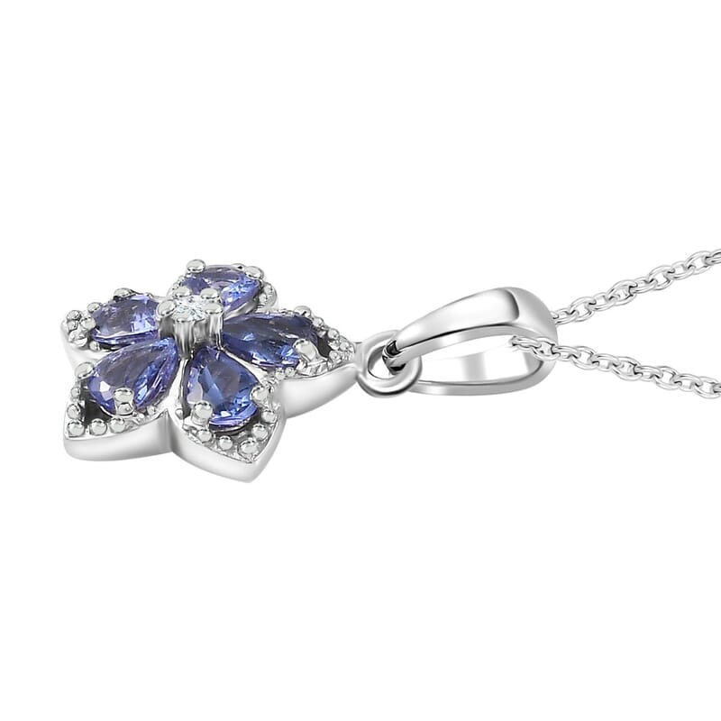 AAA Tanzanite and Natural White Zircon Floral Pendant Necklace 20 Inches in Platinum Over Sterling Silver 0.85 ctw