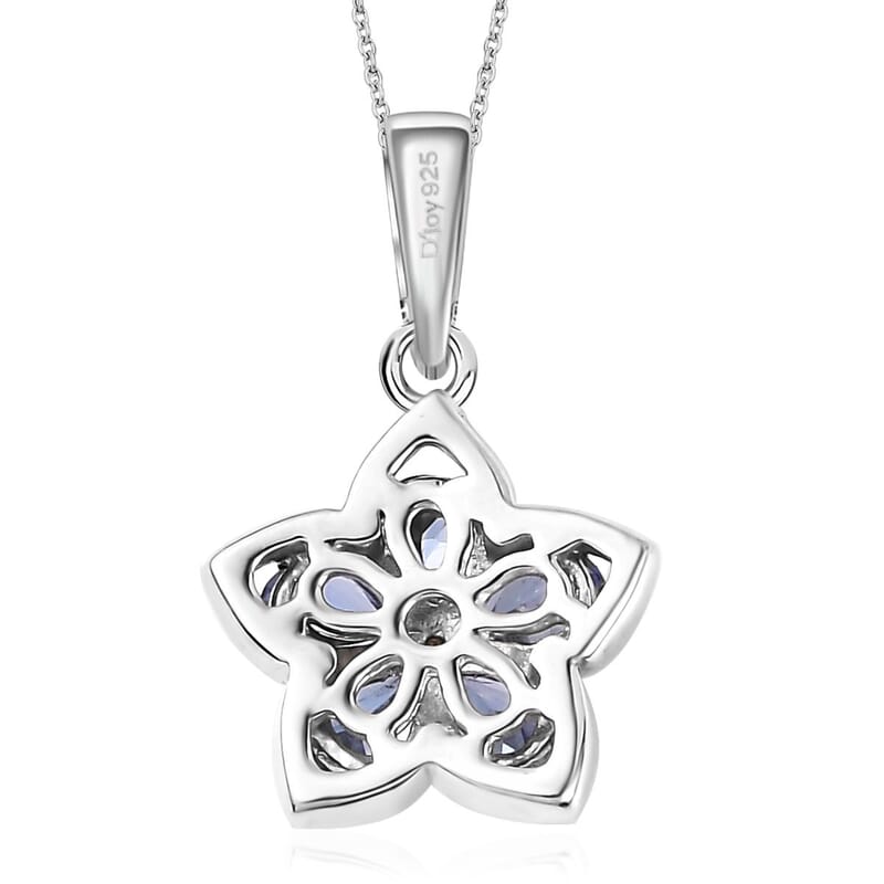 AAA Tanzanite and Natural White Zircon Floral Pendant Necklace 20 Inches in Platinum Over Sterling Silver 0.85 ctw