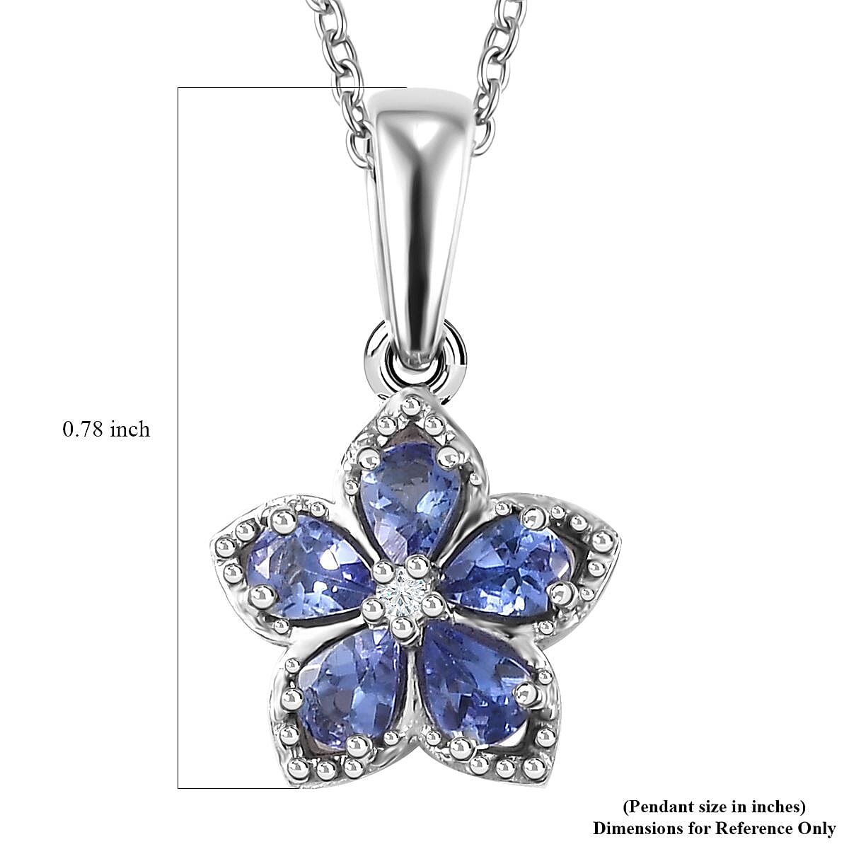 AAA Tanzanite and Natural White Zircon Floral Pendant Necklace 20 Inches in Platinum Over Sterling Silver 0.85 ctw